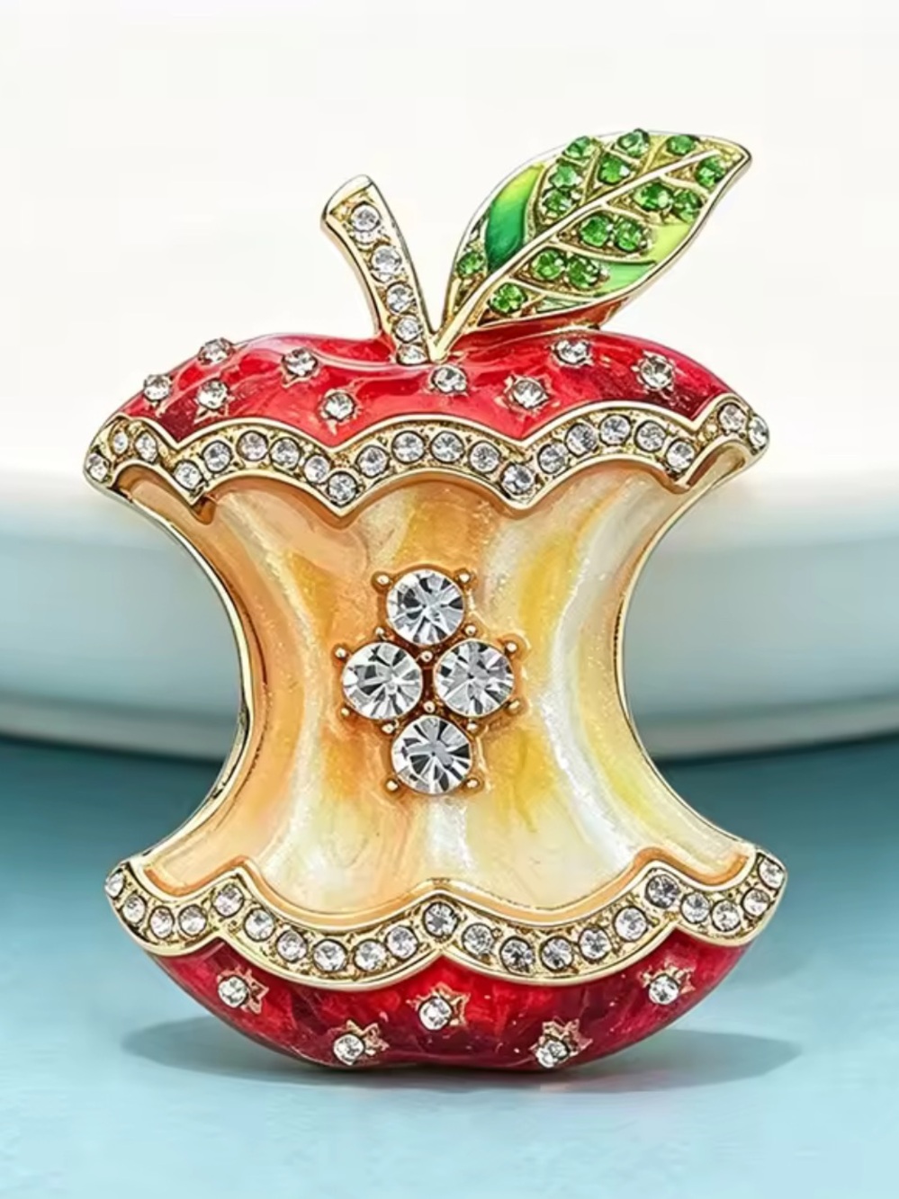 Red Apple Core Crystal Gold Brooch